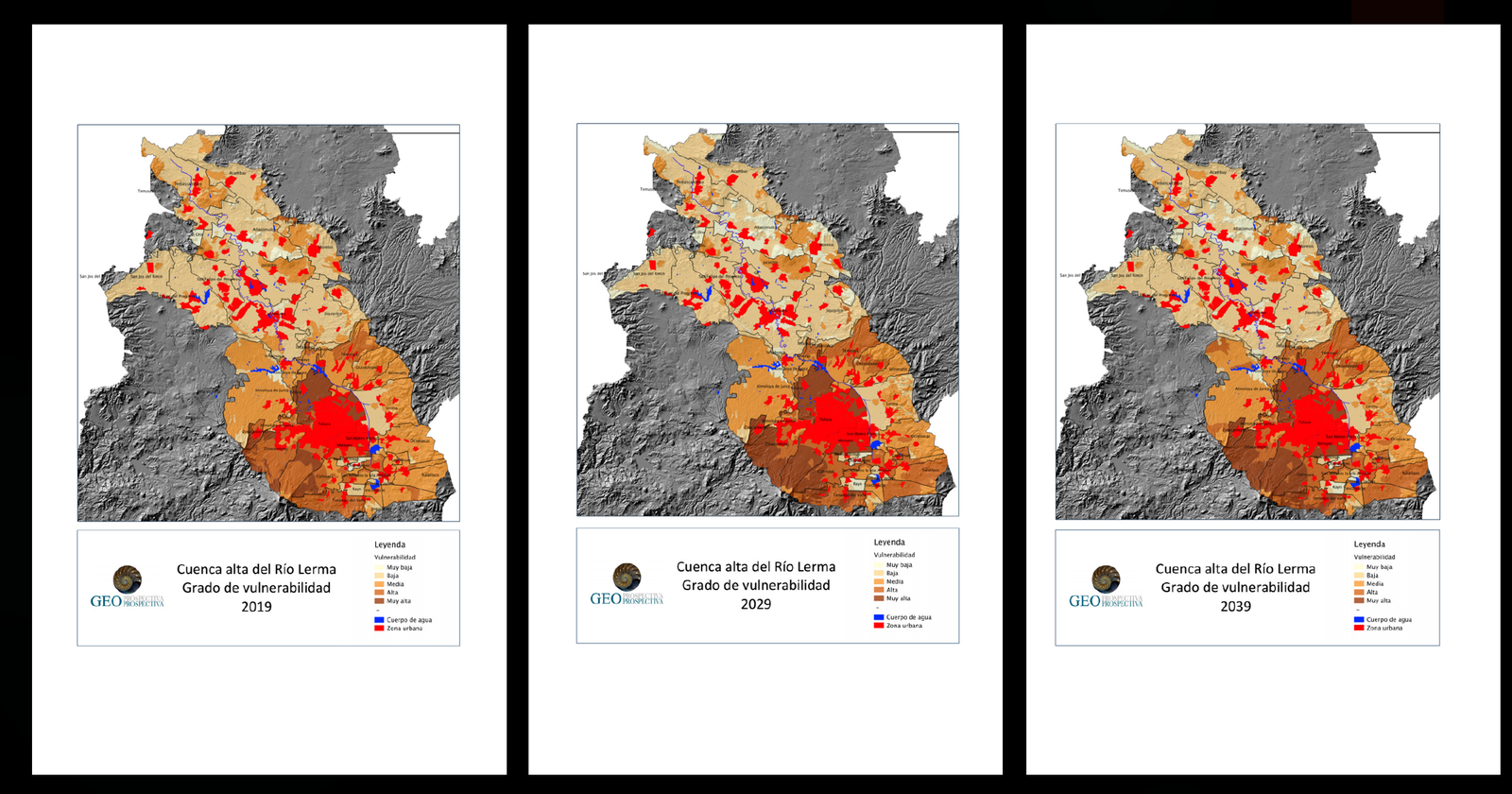 Tres mapas de la cuenca alta del río Lerma: vulnerabilidad 2019, 2029 y 2039.